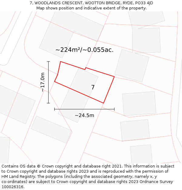 7, WOODLANDS CRESCENT, WOOTTON BRIDGE, RYDE, PO33 4JD: Plot and title map