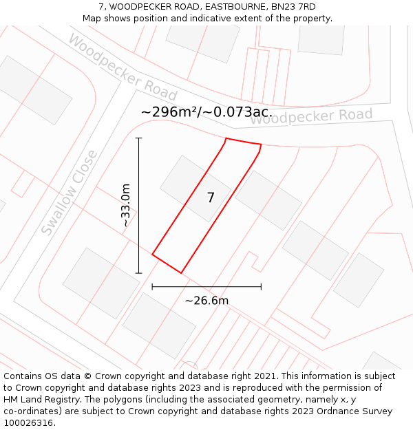 7, WOODPECKER ROAD, EASTBOURNE, BN23 7RD: Plot and title map