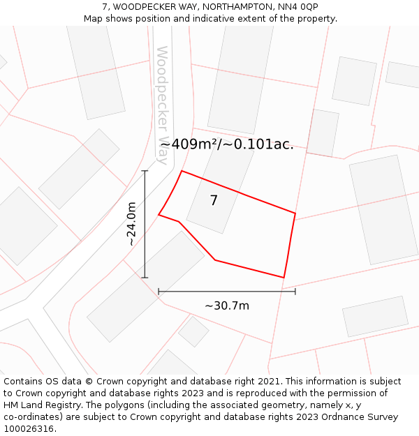 7, WOODPECKER WAY, NORTHAMPTON, NN4 0QP: Plot and title map