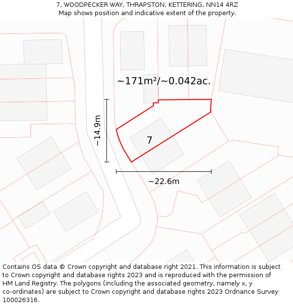 7, WOODPECKER WAY, THRAPSTON, KETTERING, NN14 4RZ: Plot and title map