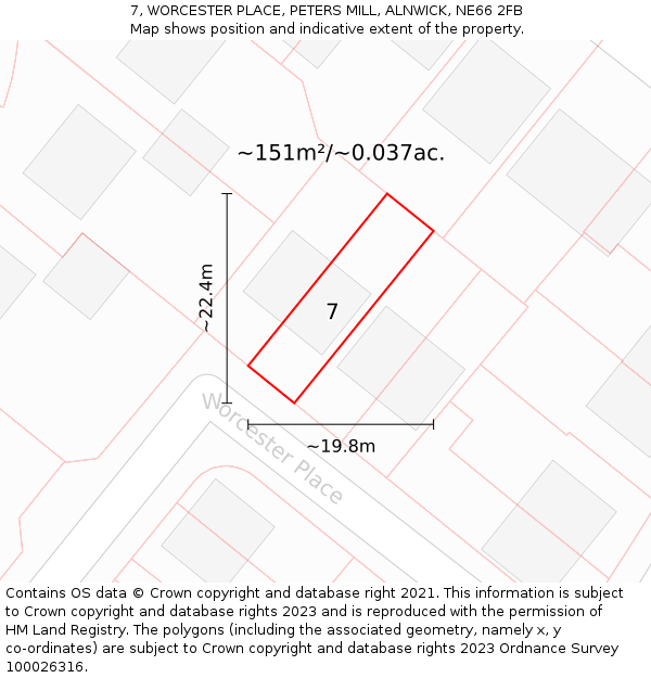 7, WORCESTER PLACE, PETERS MILL, ALNWICK, NE66 2FB: Plot and title map