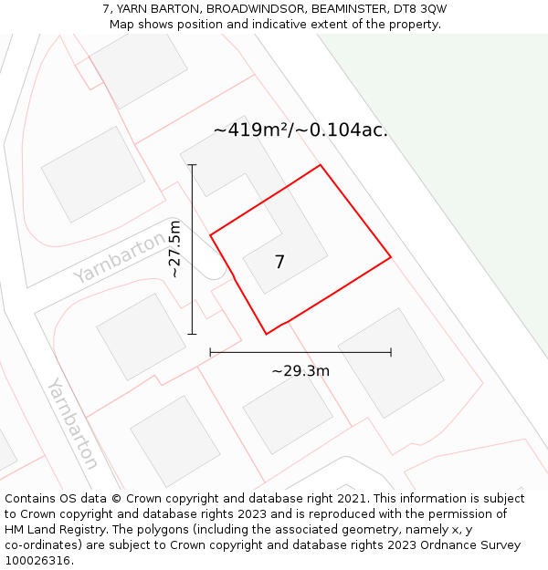 7, YARN BARTON, BROADWINDSOR, BEAMINSTER, DT8 3QW: Plot and title map