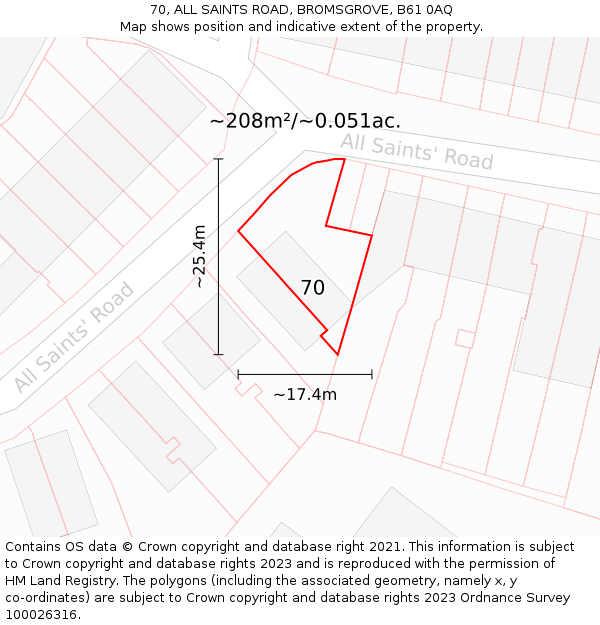 70, ALL SAINTS ROAD, BROMSGROVE, B61 0AQ: Plot and title map