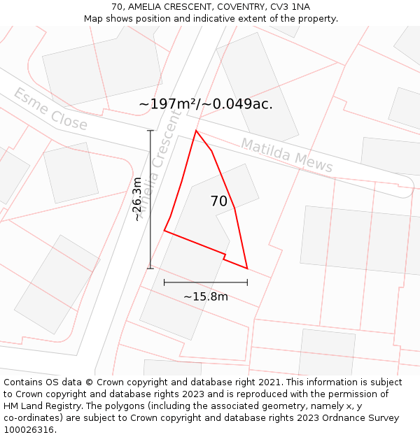 70, AMELIA CRESCENT, COVENTRY, CV3 1NA: Plot and title map