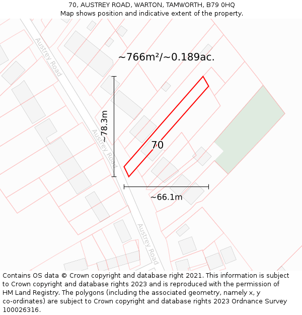 70, AUSTREY ROAD, WARTON, TAMWORTH, B79 0HQ: Plot and title map