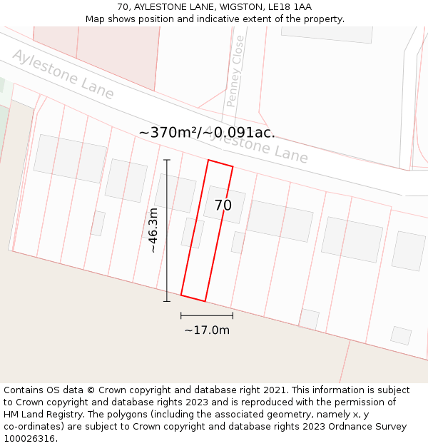 70, AYLESTONE LANE, WIGSTON, LE18 1AA: Plot and title map