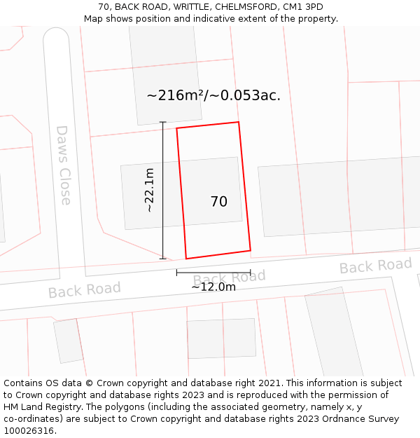 70, BACK ROAD, WRITTLE, CHELMSFORD, CM1 3PD: Plot and title map