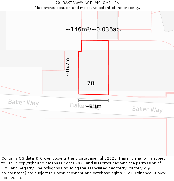 70, BAKER WAY, WITHAM, CM8 1FN: Plot and title map