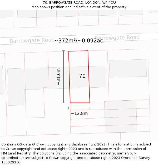 70, BARROWGATE ROAD, LONDON, W4 4QU: Plot and title map