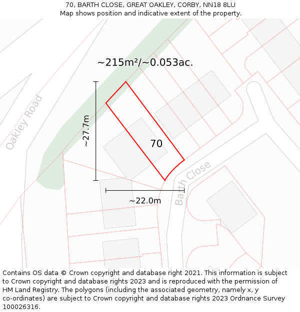 70, BARTH CLOSE, GREAT OAKLEY, CORBY, NN18 8LU: Plot and title map