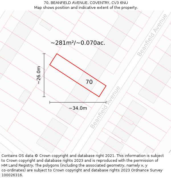 70, BEANFIELD AVENUE, COVENTRY, CV3 6NU: Plot and title map