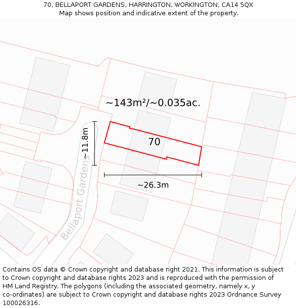 70, BELLAPORT GARDENS, HARRINGTON, WORKINGTON, CA14 5QX: Plot and title map