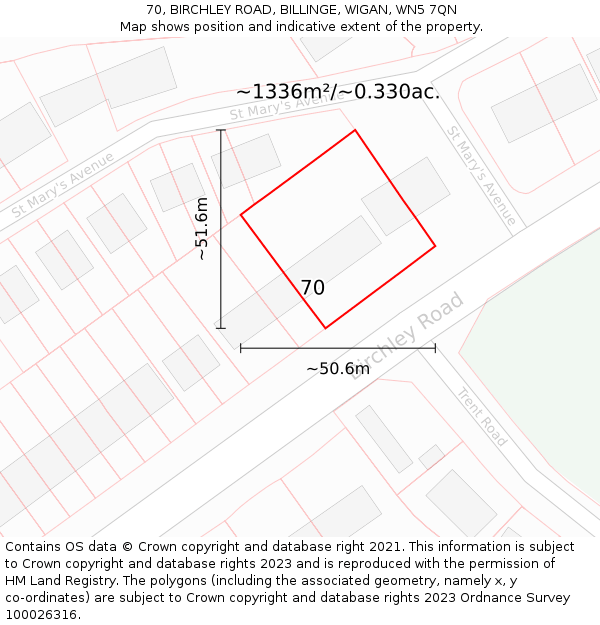 70, BIRCHLEY ROAD, BILLINGE, WIGAN, WN5 7QN: Plot and title map