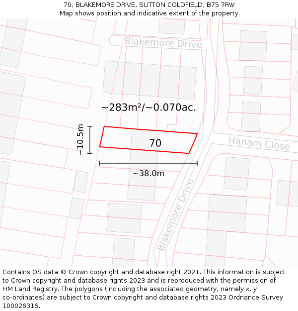 70, BLAKEMORE DRIVE, SUTTON COLDFIELD, B75 7RW: Plot and title map