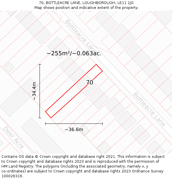 70, BOTTLEACRE LANE, LOUGHBOROUGH, LE11 1JG: Plot and title map