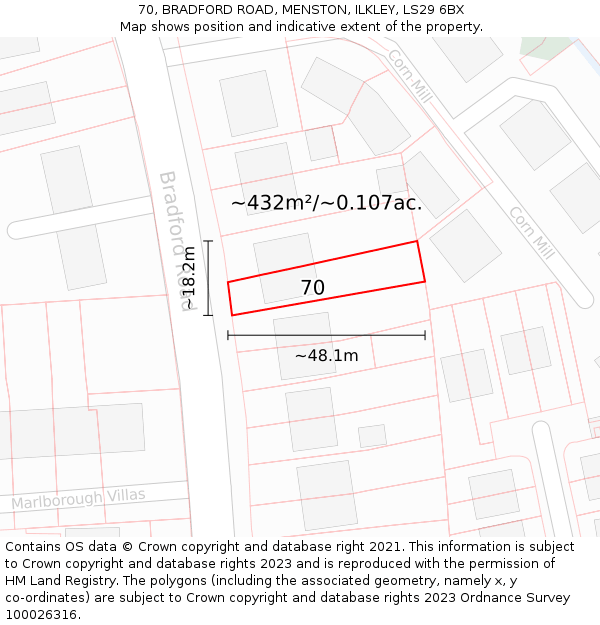 70, BRADFORD ROAD, MENSTON, ILKLEY, LS29 6BX: Plot and title map