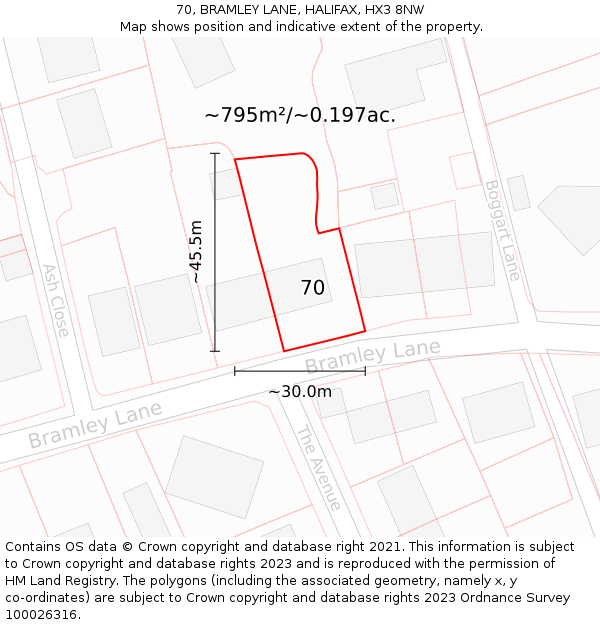 70, BRAMLEY LANE, HALIFAX, HX3 8NW: Plot and title map