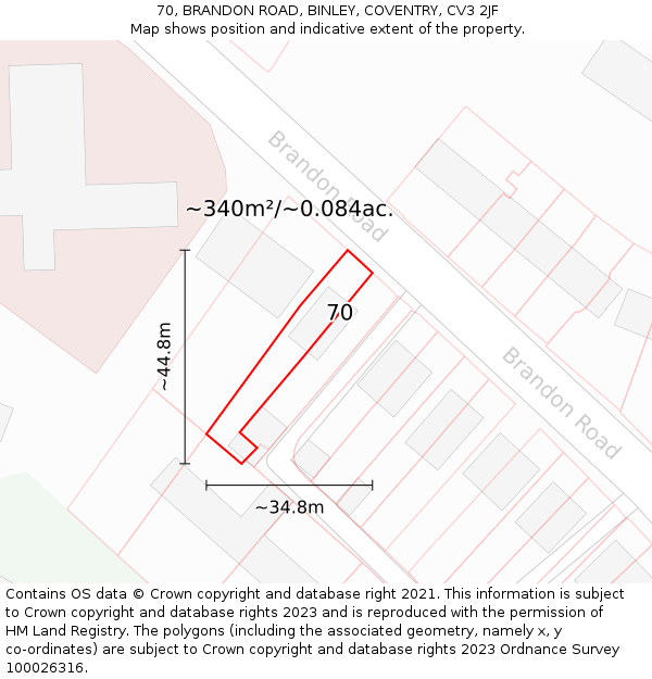 70, BRANDON ROAD, BINLEY, COVENTRY, CV3 2JF: Plot and title map