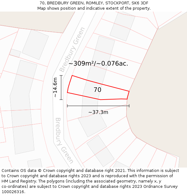 70, BREDBURY GREEN, ROMILEY, STOCKPORT, SK6 3DF: Plot and title map