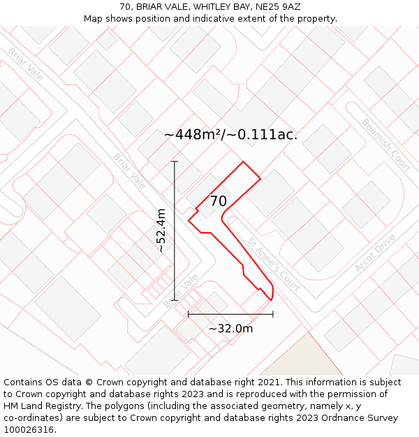 70, BRIAR VALE, WHITLEY BAY, NE25 9AZ: Plot and title map