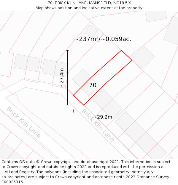 70, BRICK KILN LANE, MANSFIELD, NG18 5JX: Plot and title map