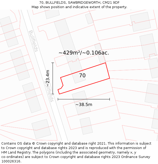 70, BULLFIELDS, SAWBRIDGEWORTH, CM21 9DF: Plot and title map