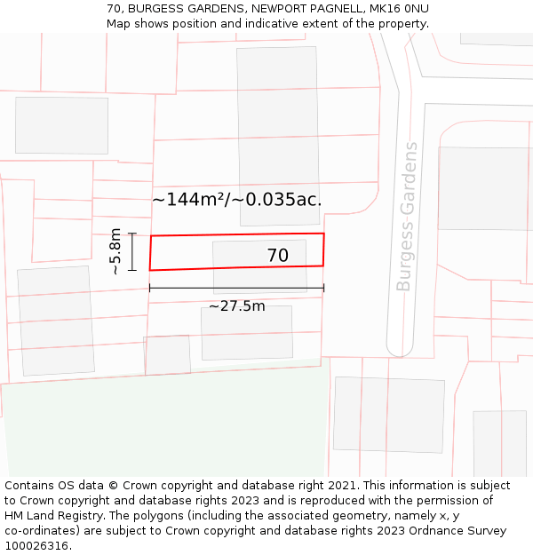 70, BURGESS GARDENS, NEWPORT PAGNELL, MK16 0NU: Plot and title map
