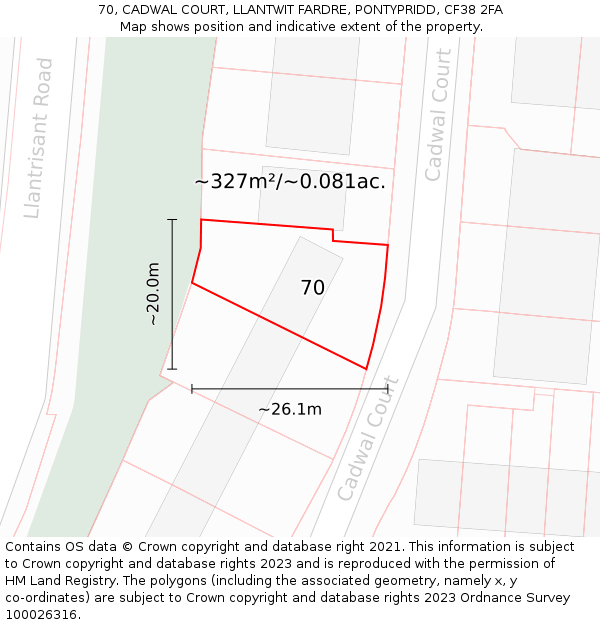 70, CADWAL COURT, LLANTWIT FARDRE, PONTYPRIDD, CF38 2FA: Plot and title map