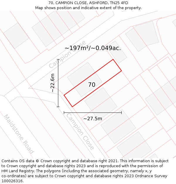 70, CAMPION CLOSE, ASHFORD, TN25 4FD: Plot and title map