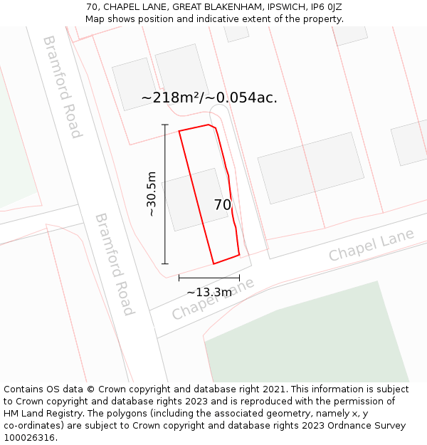 70, CHAPEL LANE, GREAT BLAKENHAM, IPSWICH, IP6 0JZ: Plot and title map