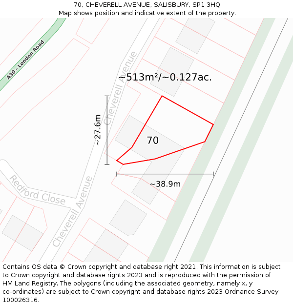 70, CHEVERELL AVENUE, SALISBURY, SP1 3HQ: Plot and title map