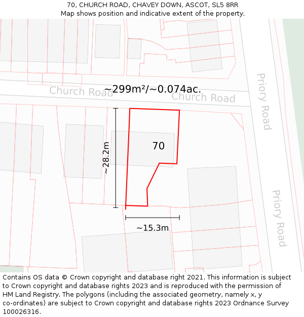 70, CHURCH ROAD, CHAVEY DOWN, ASCOT, SL5 8RR: Plot and title map