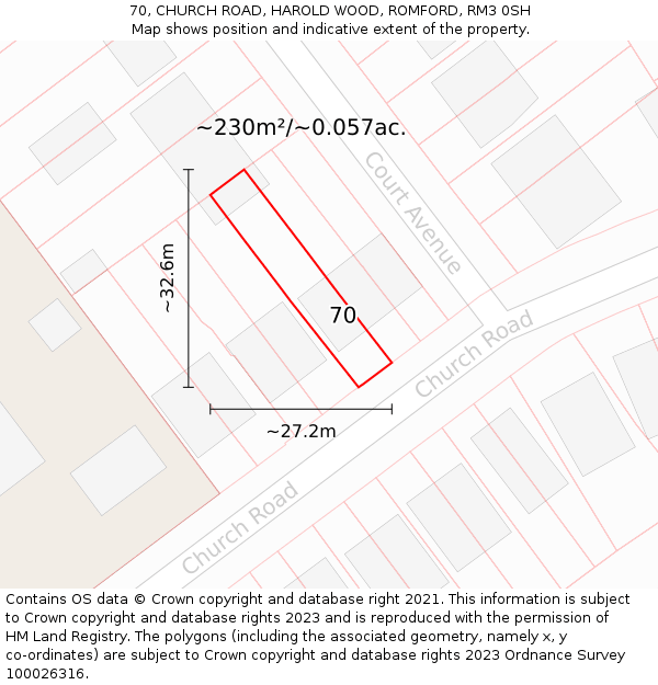 70, CHURCH ROAD, HAROLD WOOD, ROMFORD, RM3 0SH: Plot and title map