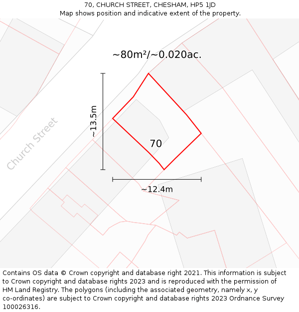 70, CHURCH STREET, CHESHAM, HP5 1JD: Plot and title map