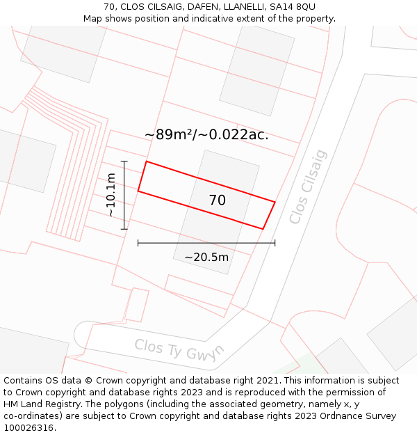 70, CLOS CILSAIG, DAFEN, LLANELLI, SA14 8QU: Plot and title map