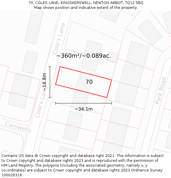 70, COLES LANE, KINGSKERSWELL, NEWTON ABBOT, TQ12 5BQ: Plot and title map