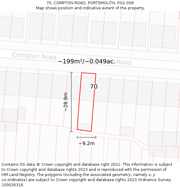 70, COMPTON ROAD, PORTSMOUTH, PO2 0SR: Plot and title map