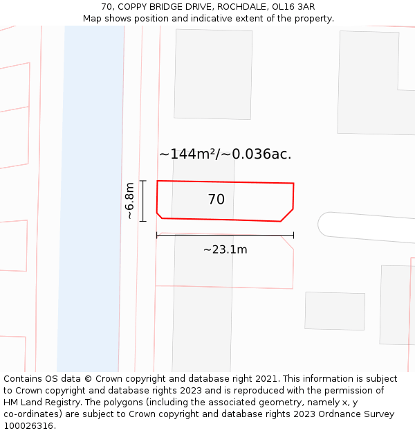 70, COPPY BRIDGE DRIVE, ROCHDALE, OL16 3AR: Plot and title map