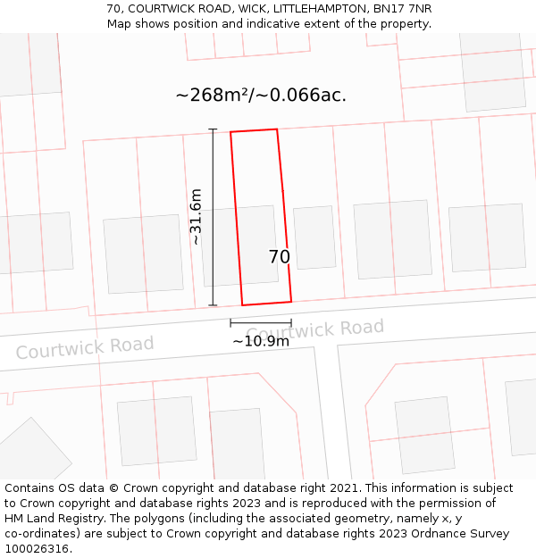 70, COURTWICK ROAD, WICK, LITTLEHAMPTON, BN17 7NR: Plot and title map