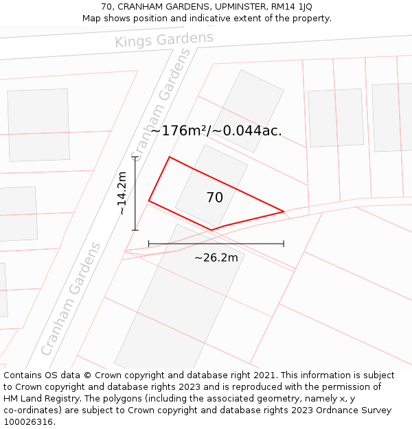 70, CRANHAM GARDENS, UPMINSTER, RM14 1JQ: Plot and title map