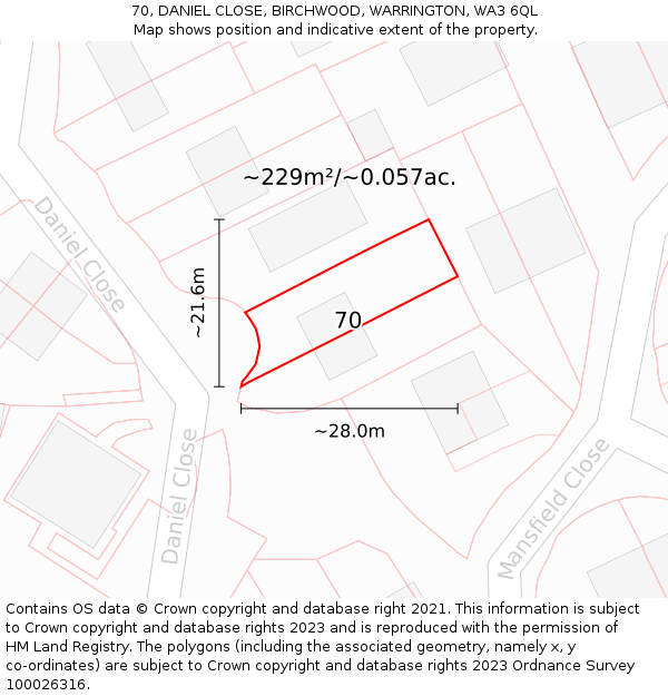 70, DANIEL CLOSE, BIRCHWOOD, WARRINGTON, WA3 6QL: Plot and title map