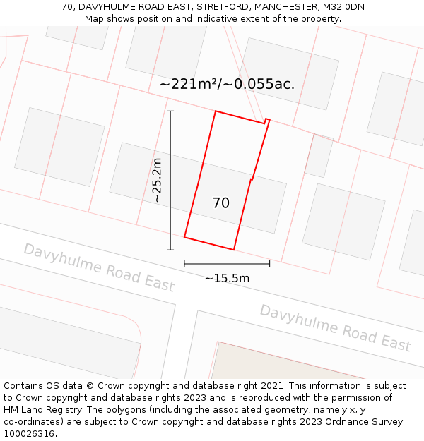 70, DAVYHULME ROAD EAST, STRETFORD, MANCHESTER, M32 0DN: Plot and title map