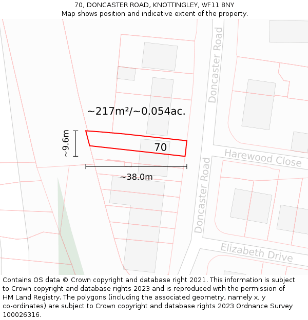 70, DONCASTER ROAD, KNOTTINGLEY, WF11 8NY: Plot and title map