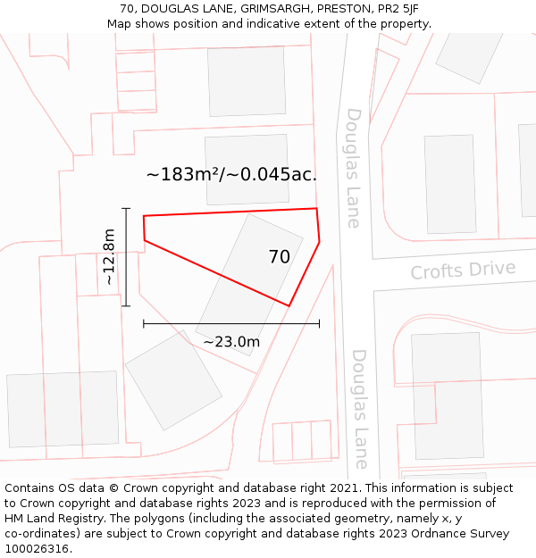 70, DOUGLAS LANE, GRIMSARGH, PRESTON, PR2 5JF: Plot and title map