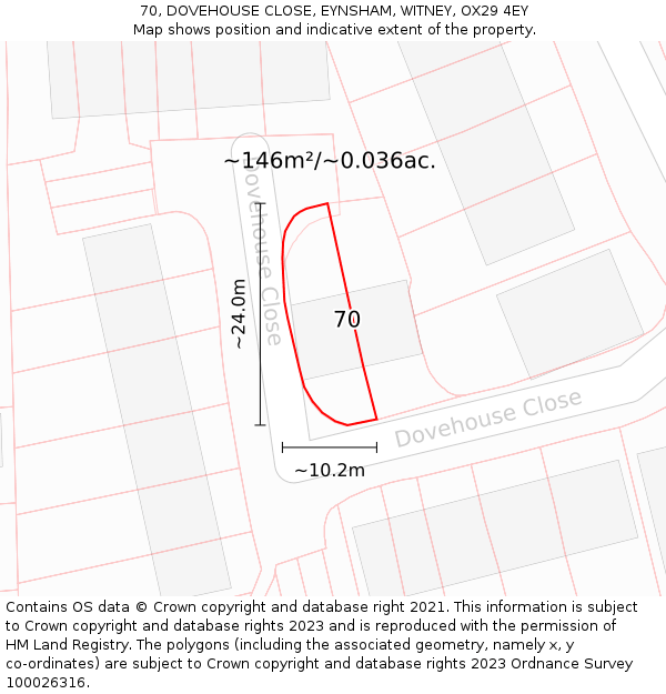 70, DOVEHOUSE CLOSE, EYNSHAM, WITNEY, OX29 4EY: Plot and title map