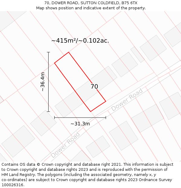 70, DOWER ROAD, SUTTON COLDFIELD, B75 6TX: Plot and title map