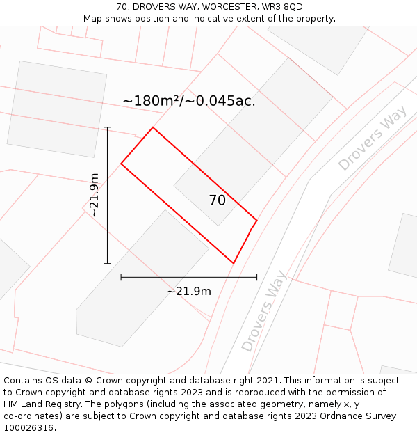 70, DROVERS WAY, WORCESTER, WR3 8QD: Plot and title map