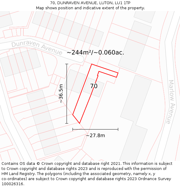 70, DUNRAVEN AVENUE, LUTON, LU1 1TP: Plot and title map