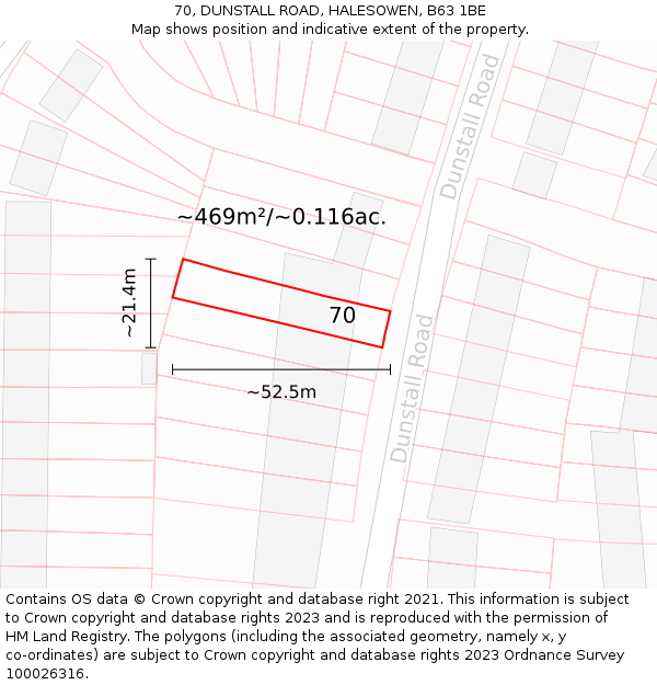 70, DUNSTALL ROAD, HALESOWEN, B63 1BE: Plot and title map