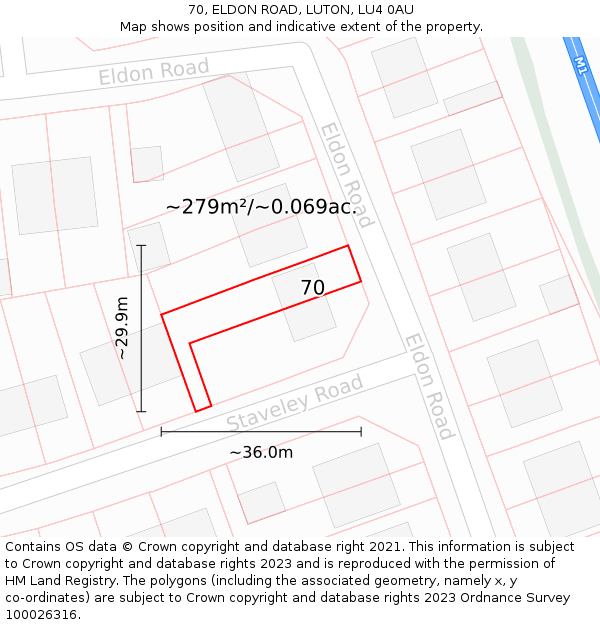 70, ELDON ROAD, LUTON, LU4 0AU: Plot and title map